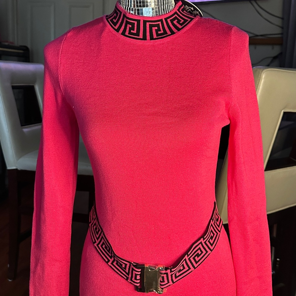Pink Long-Sleeve Knit Bodycon Dress with Contrast Trim - Picture 3 of 5